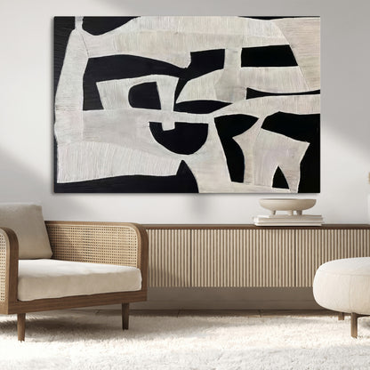 Minimalist black and white canvas featuring bold abstract textures and geometric shapes, ideal for modern neutral decor.