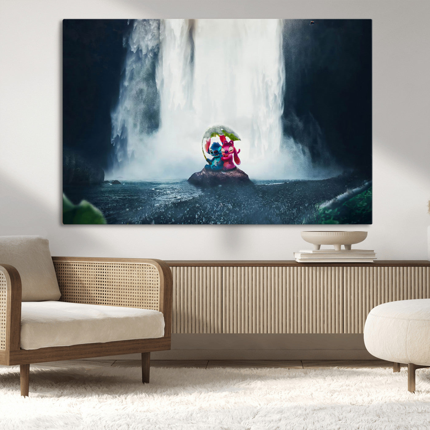 Fantasy canvas of Stitch and Angel under a leaf umbrella in front of a dramatic waterfall, perfect for moody jungle-themed or animated decor.
