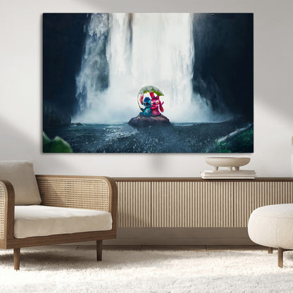 Fantasy canvas of Stitch and Angel under a leaf umbrella in front of a dramatic waterfall, perfect for moody jungle-themed or animated decor.