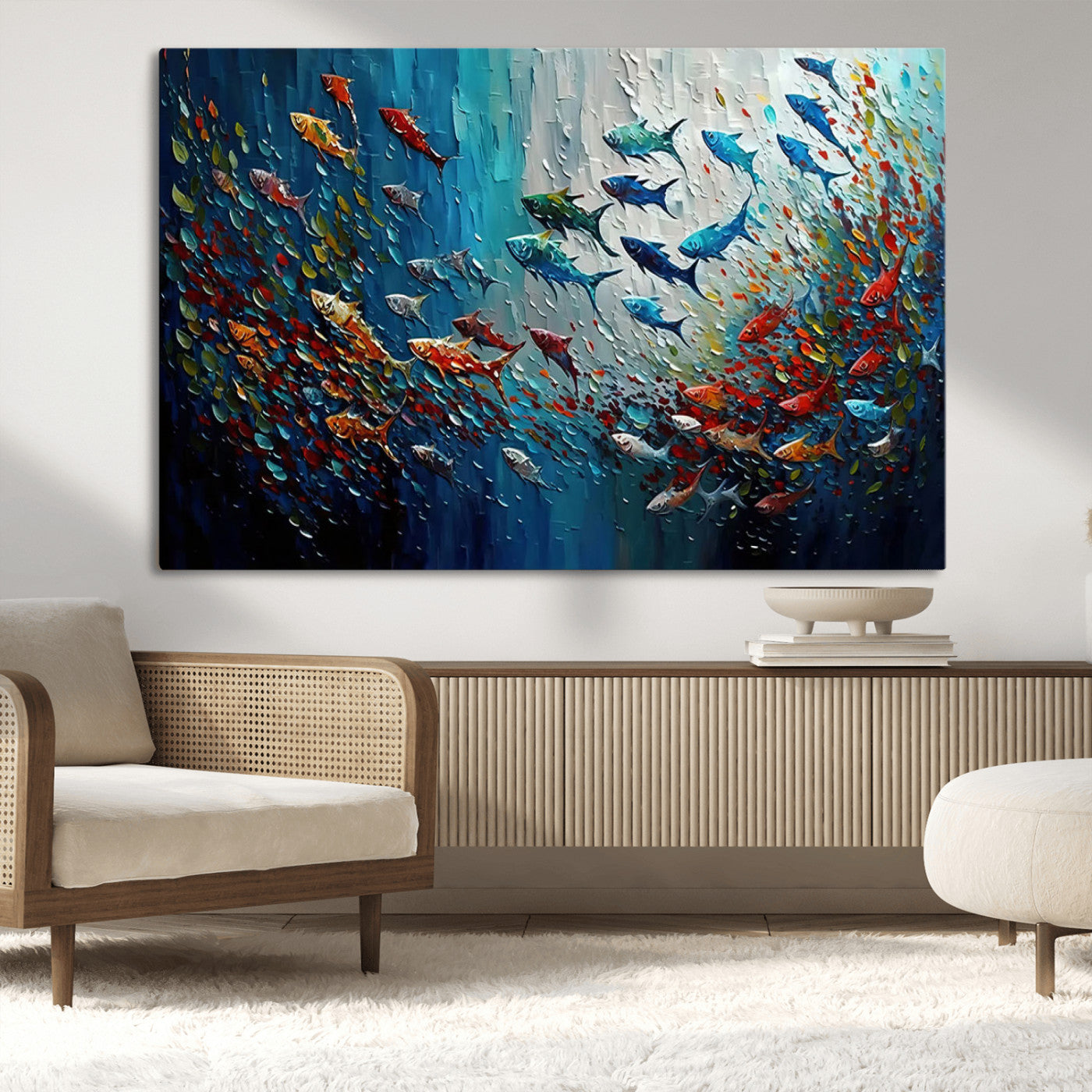 Colorful painting of fish swimming in abstract ocean swirls, perfect for vibrant marine-themed or expressive coastal home decor.
