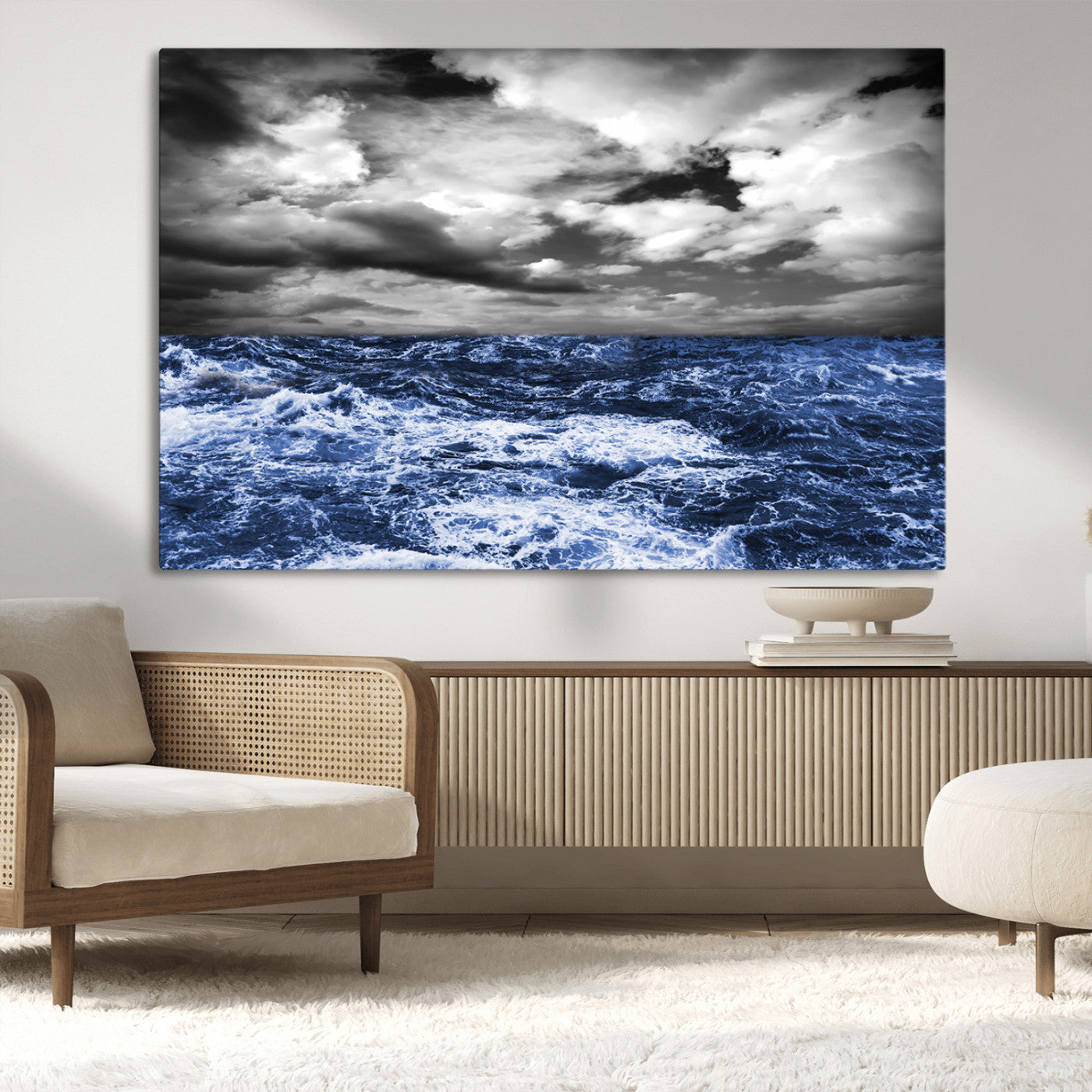 Moody canvas wall art of a stormy ocean under a dramatic black-and-white sky, perfect for bold or coastal-style interiors.
