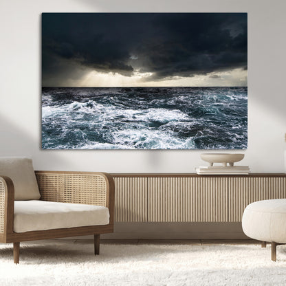 Moody ocean scene with stormy skies and crashing waves, perfect for dramatic or coastal-style home wall decor.
