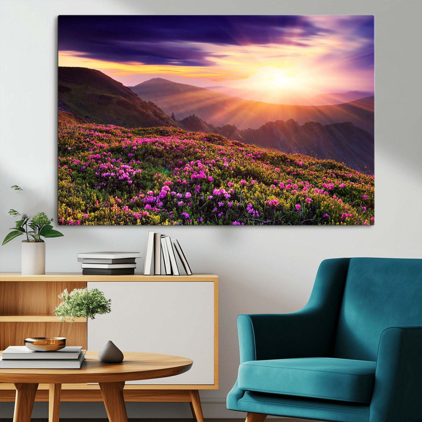 -Mountain Sunrise Wall Art – Vibrant Floral Landscape Canvas Print, Nature Home Decor for Living Room, Bedroom Office or Cabin