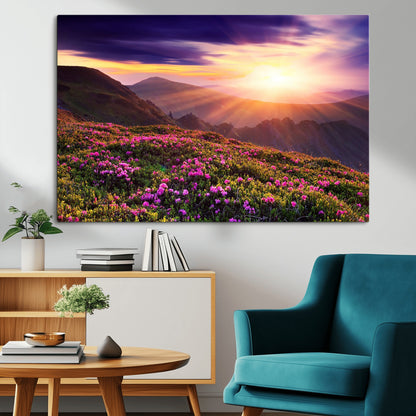 -Mountain Sunrise Wall Art – Vibrant Floral Landscape Canvas Print, Nature Home Decor for Living Room, Bedroom Office or Cabin