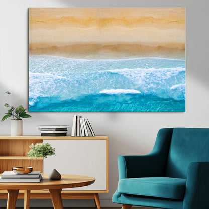 -Aerial Beach Wall Art – Serene Ocean Waves & Sandy Shore Canvas Print, Coastal Home Decor for Living Room, Bedroom or Office