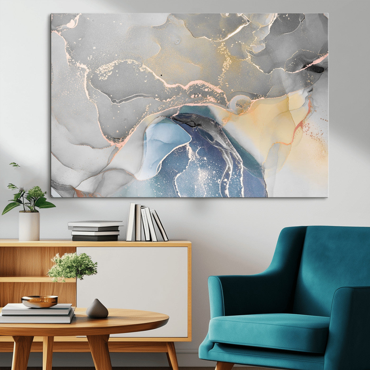 -Abstract Fluid Art Wall Decor – Blue, Gray & Gold Canvas Print, Modern Home and Office Wall Art Decor for Living Room, Bedroom or Workspace