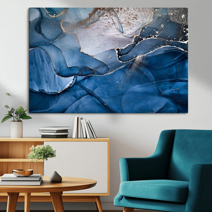 -Abstract Blue Gold Fluid Art Wall Decor – Modern Canvas Print, Elegant Home & Office Wall Art, Stylish Living Room or Bedroom Decoration