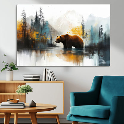 A majestic bear stands by the serene waters of a misty forest, surrounded by towering trees and distant mountains, evoking the raw beauty and wild spirit of nature.