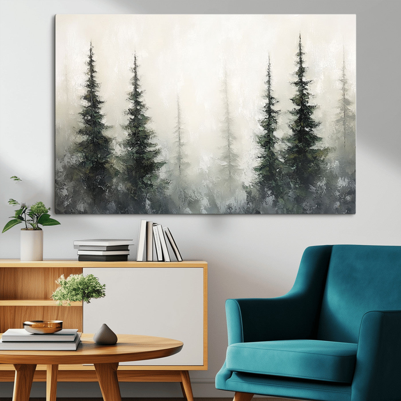 Soft and misty pine forest painting in neutral earthy tones, ideal for calm woodland or minimalist rustic home decor.