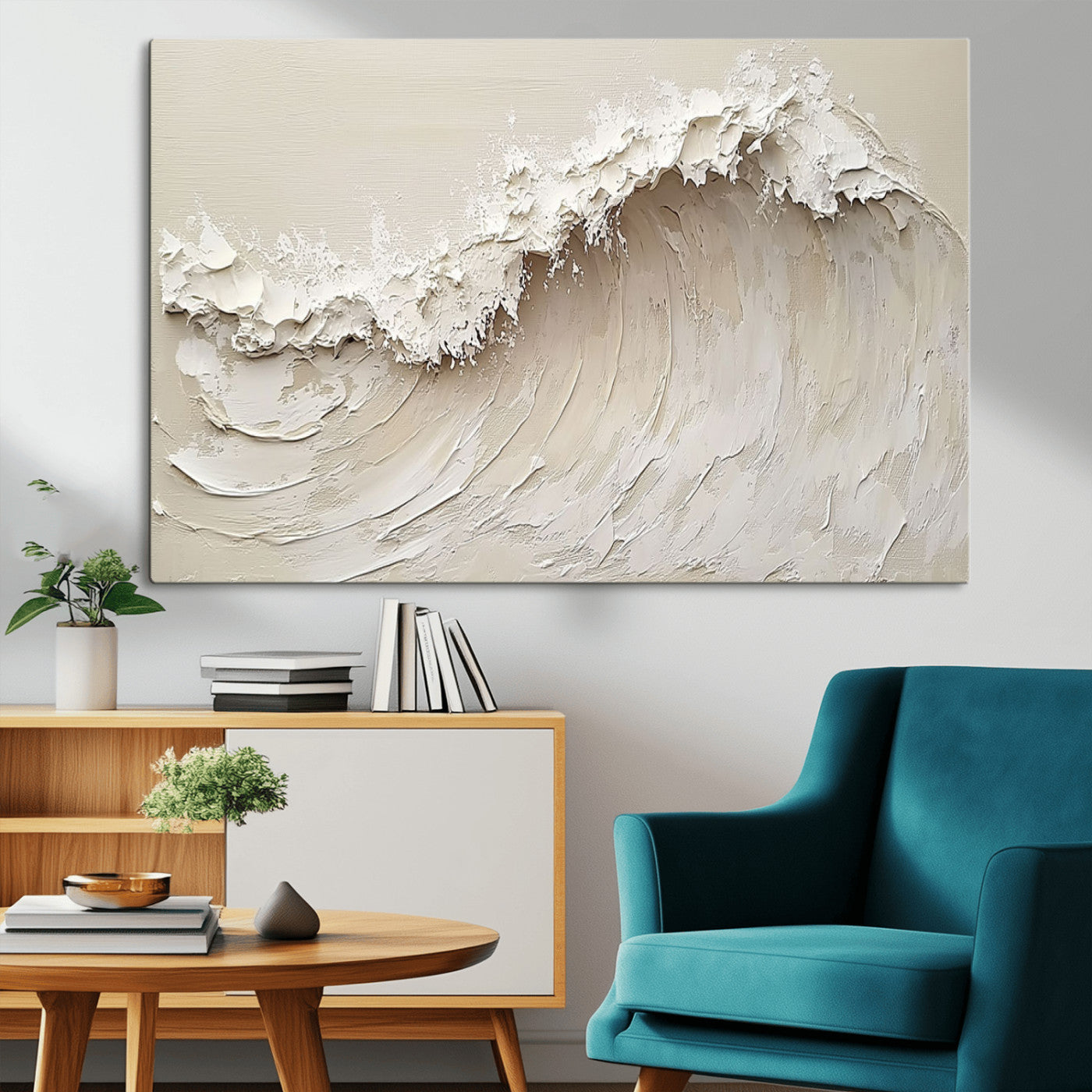 Textured canvas of an abstract white ocean wave in neutral tones, ideal for modern coastal or minimalist home decor.