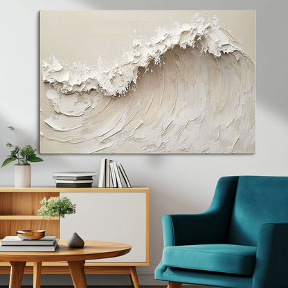 Textured canvas of an abstract white ocean wave in neutral tones, ideal for modern coastal or minimalist home decor.
