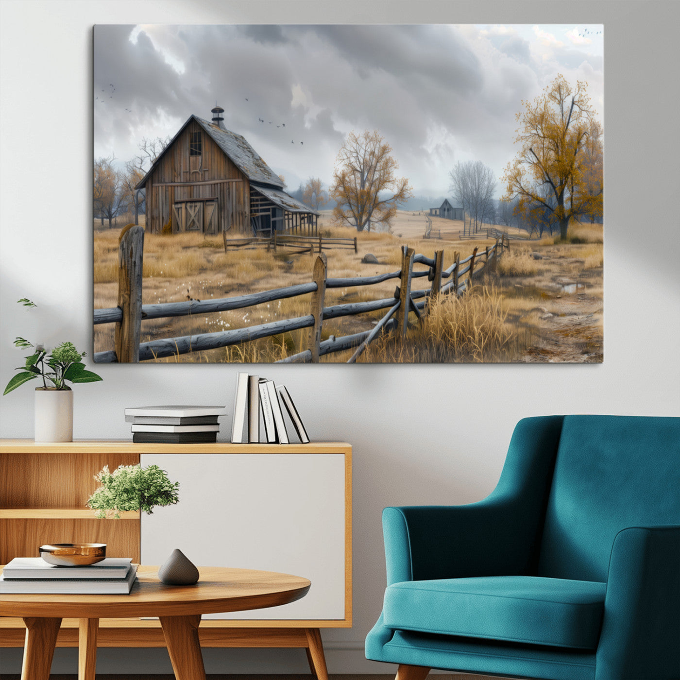 A tranquil rural scene featuring a rustic barn, overcast skies, and golden fields with scattered trees, evoking a sense of peaceful solitude in nature.