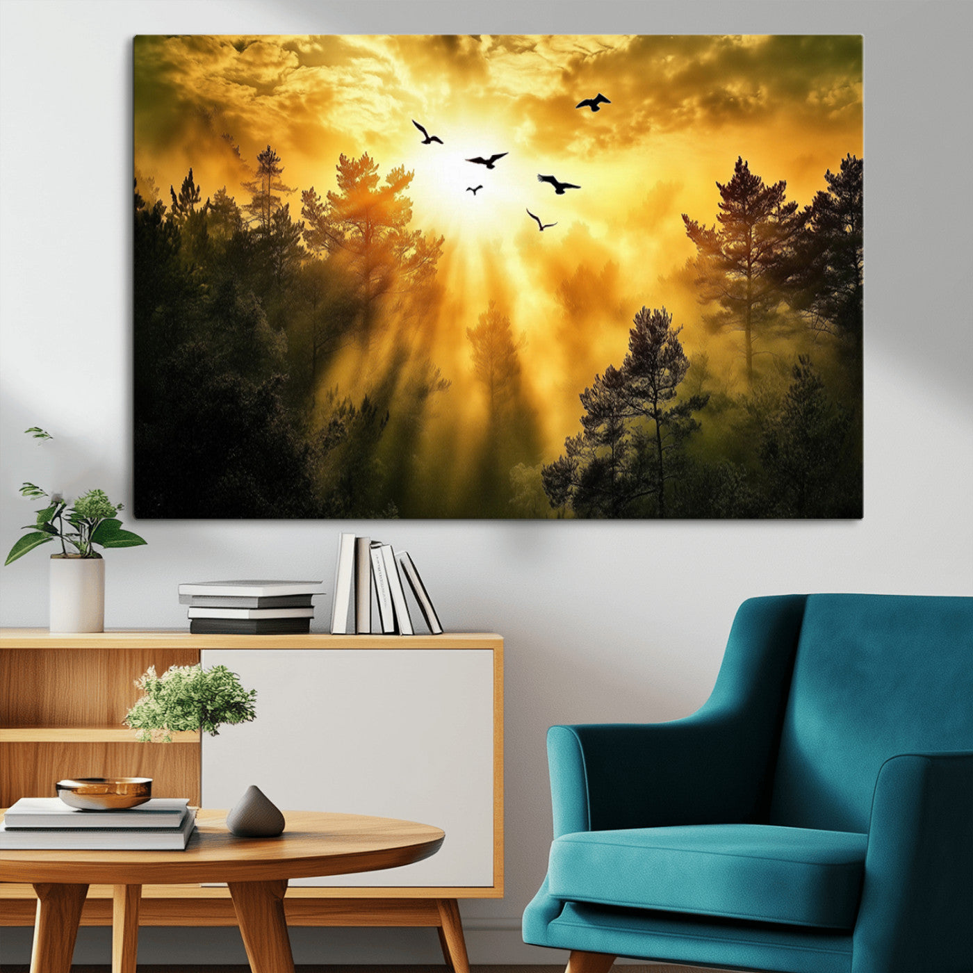 Canvas of a golden forest at sunset with birds flying through glowing sunbeams and silhouetted pine trees, ideal for warm-toned rustic decor.