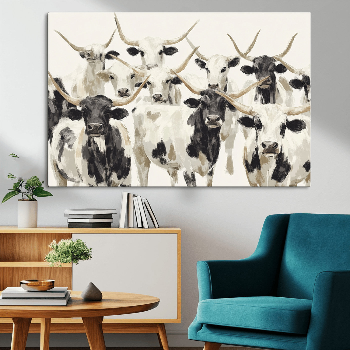 Canvas of a Texas Longhorn cattle herd in neutral black and white tones, ideal for rustic farmhouse or western-themed decor.
