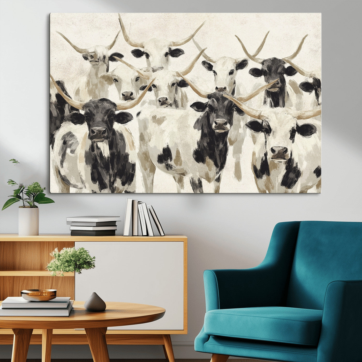 Canvas of a Texas Longhorn cattle herd in neutral black and white tones, ideal for rustic farmhouse or western-themed decor.