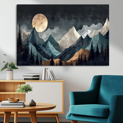 Stylized canvas of layered mountains under a full moon in neutral moody tones, ideal for nature-inspired or modern rustic interiors.