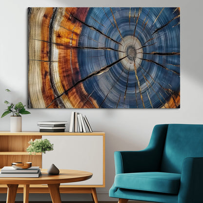 A stunning close-up view of a tree trunk, showcasing the intricate growth rings in a vibrant mix of warm browns, cool blues, and hints of natural texture.
