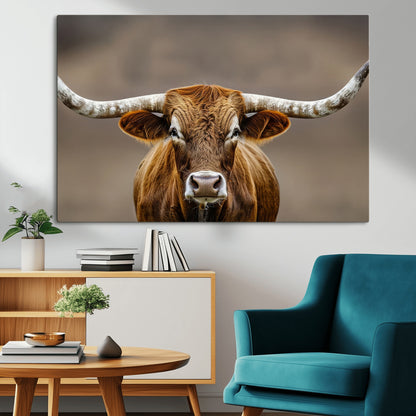 Close-up of a Texas Longhorn with strong curved horns and warm brown tones, perfect for rustic or western-style wall decor.