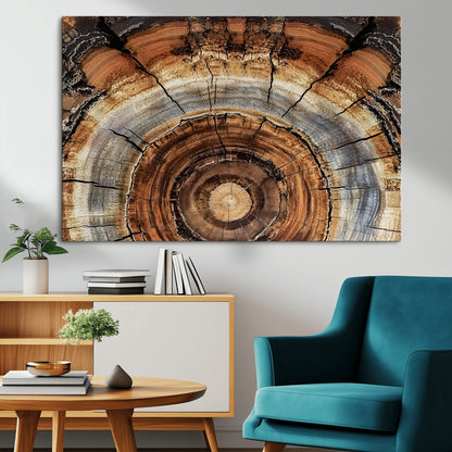 Canvas of tree rings and natural wood grain in earthy tones, ideal for rustic or vintage-inspired home decor with organic textures.