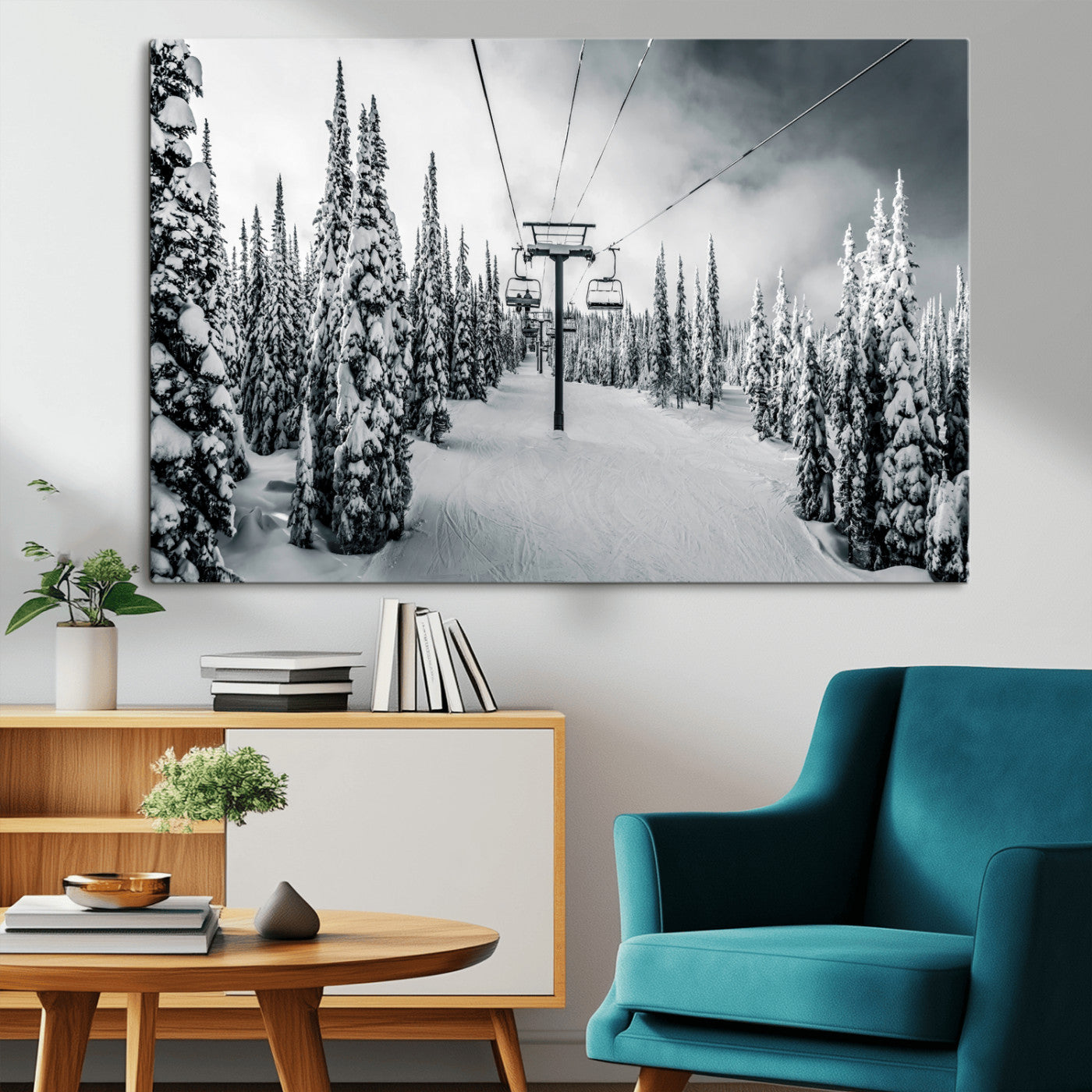 Canvas of a snowy ski lift scene through a forest of tall pine trees, ideal for moody winter or alpine-themed home decor.