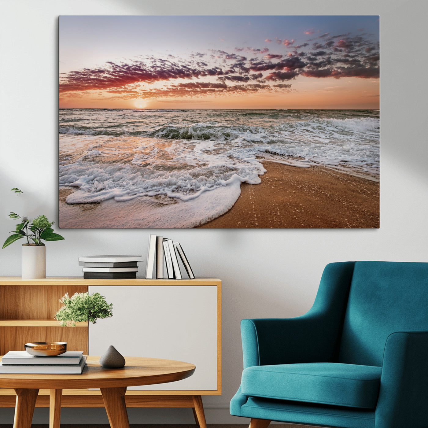 Canvas of a sunset over a foamy ocean shore with warm light and gentle waves, ideal for coastal or beach-themed home decor.