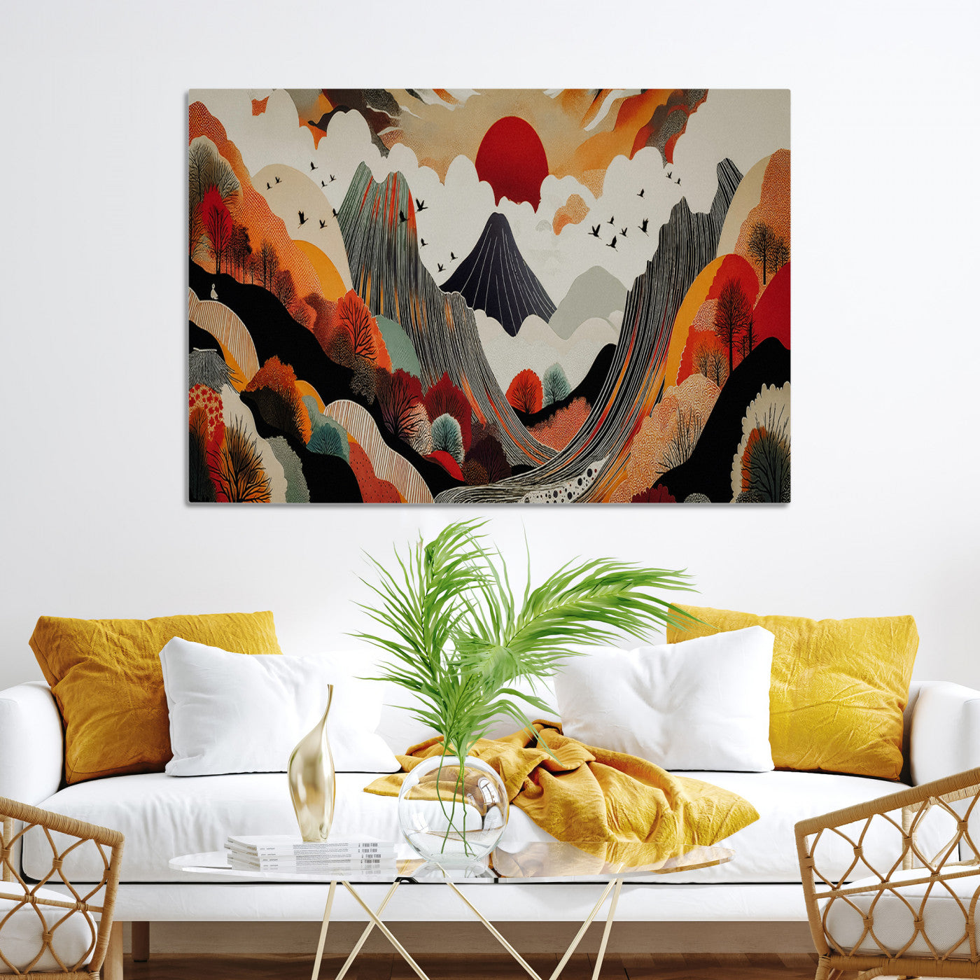 Abstract Mountain Wall Art Canvas Print, Vibrant Landscape Print, Framed Stylized Nature Drawing Art Print, Large Sunset Mountains Printing Perfect for Contemporary Minimalist Decor