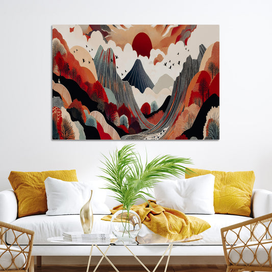 Abstract Mountain Wall Art Canvas Print, Vibrant Landscape Print, Framed Stylized Nature Drawing Art Print, Large Sunset Mountains Printing Perfect for Contemporary Minimalist Decor