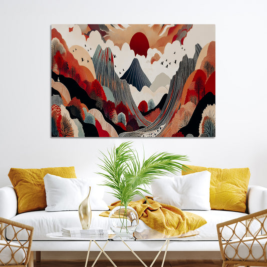 Abstract Mountain Wall Art Canvas Print, Vibrant Landscape Print, Framed Stylized Nature Drawing Art Print, Large Sunset Mountains Printing Perfect for Contemporary Minimalist Decor