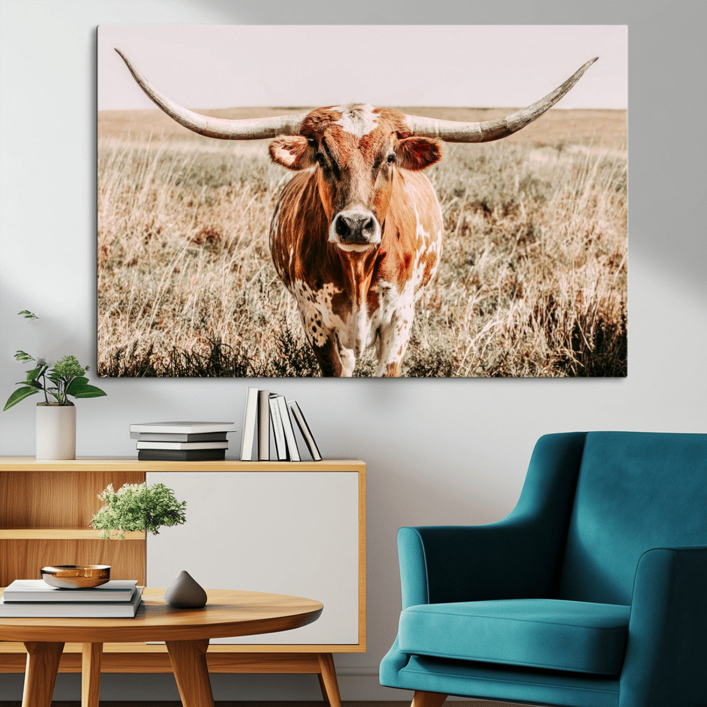 Framed longhorn cow canvas wall art with rustic prairie background, western animal print perfect for farmhouse or ranch style decor