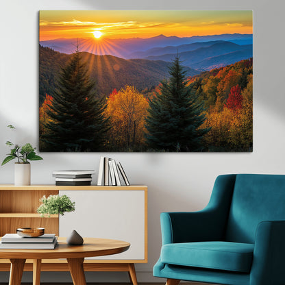 Vibrant sunset over autumn mountains with colorful trees and warm light, ideal for nature lovers or cabin-style wall decor.