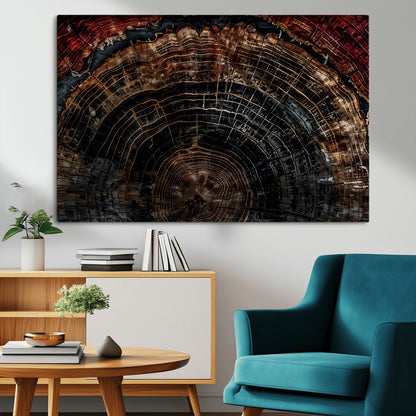 Dark Wood Wall Art Print - Petrified Tree Canvas Print, featuring an intricate tree ring pattern with deep earthy tones and organic textures, perfect for rustic and nature-inspired decor.