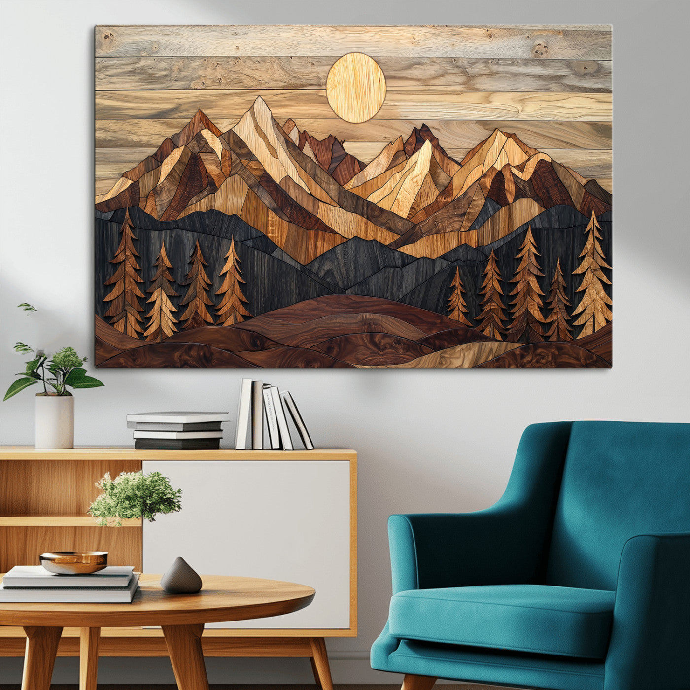 Mountain Landscape Wall Art Print - Sunset Hills Canvas Print, featuring an abstract nature scene with earthy tones and misty peaks, perfect for boho and modern decor.