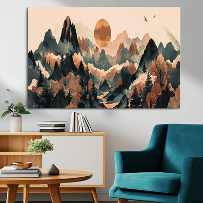 Mountain Landscape Wall Art Print - Sunset Hills Canvas Print, featuring an abstract nature scene with earthy tones and misty peaks, perfect for boho and modern decor.