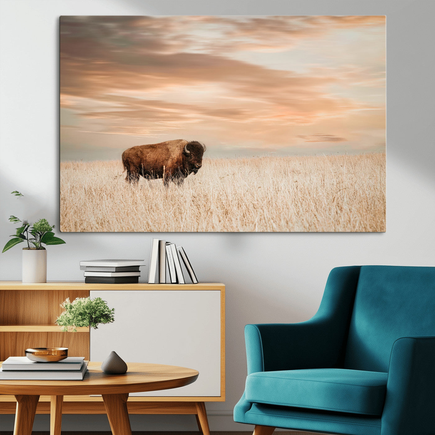 Bison Wall Art Print - Buffalo Canvas Print, featuring a lone bison in a golden prairie under a warm sunset sky, perfect for rustic and farmhouse decor.