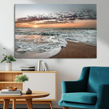 Ocean Sunset Wall Art Print - Beach Waves Canvas Print, featuring a serene seascape with golden sunlight reflecting on gentle waves, perfect for coastal and minimalist decor.