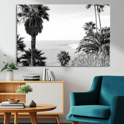 Monochrome canvas of palm trees framing a coastal surf scene, perfect for California-inspired or retro black-and-white beach decor.