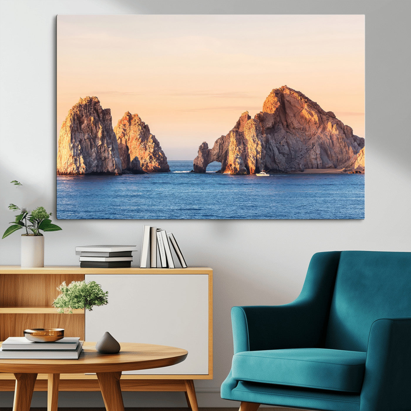 Framed canvas of El Arco rock formation in Cabo San Lucas at golden hour, ideal for coastal landmark or ocean-inspired decor.