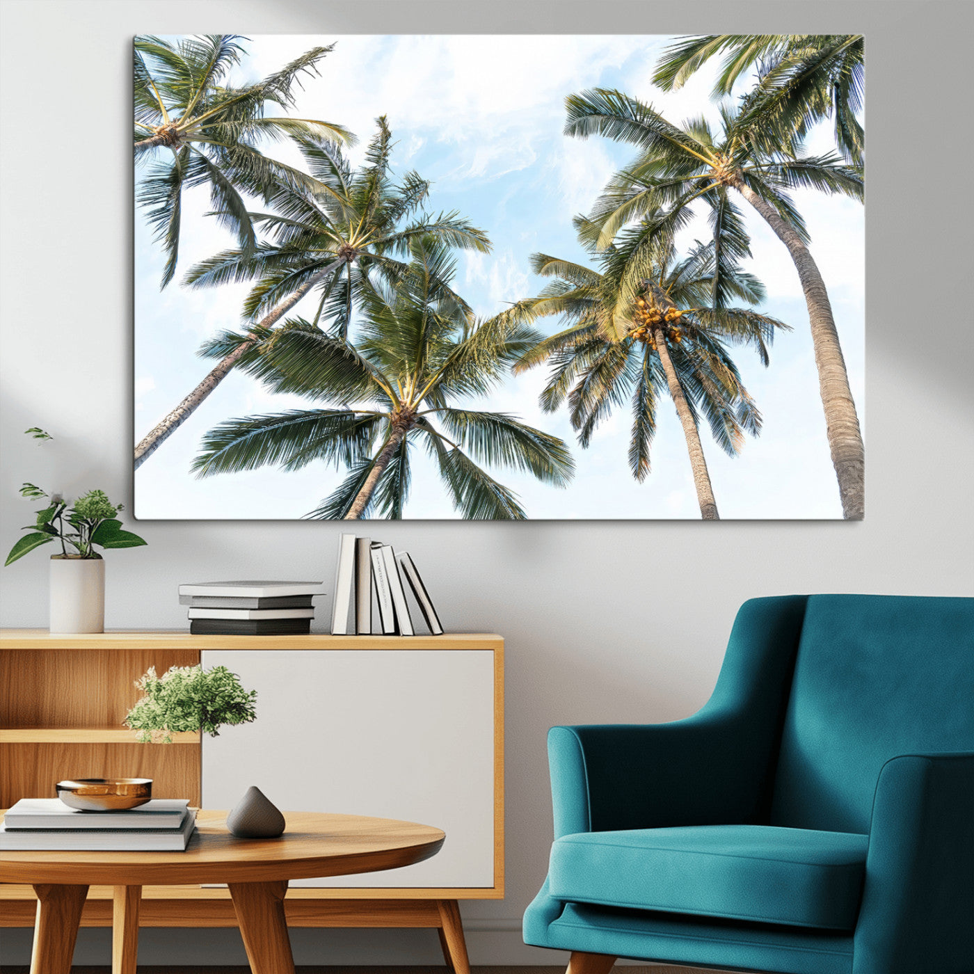 Framed canvas of tall palm trees reaching into a tropical sky, ideal for beach home or relaxed island-inspired wall decor.