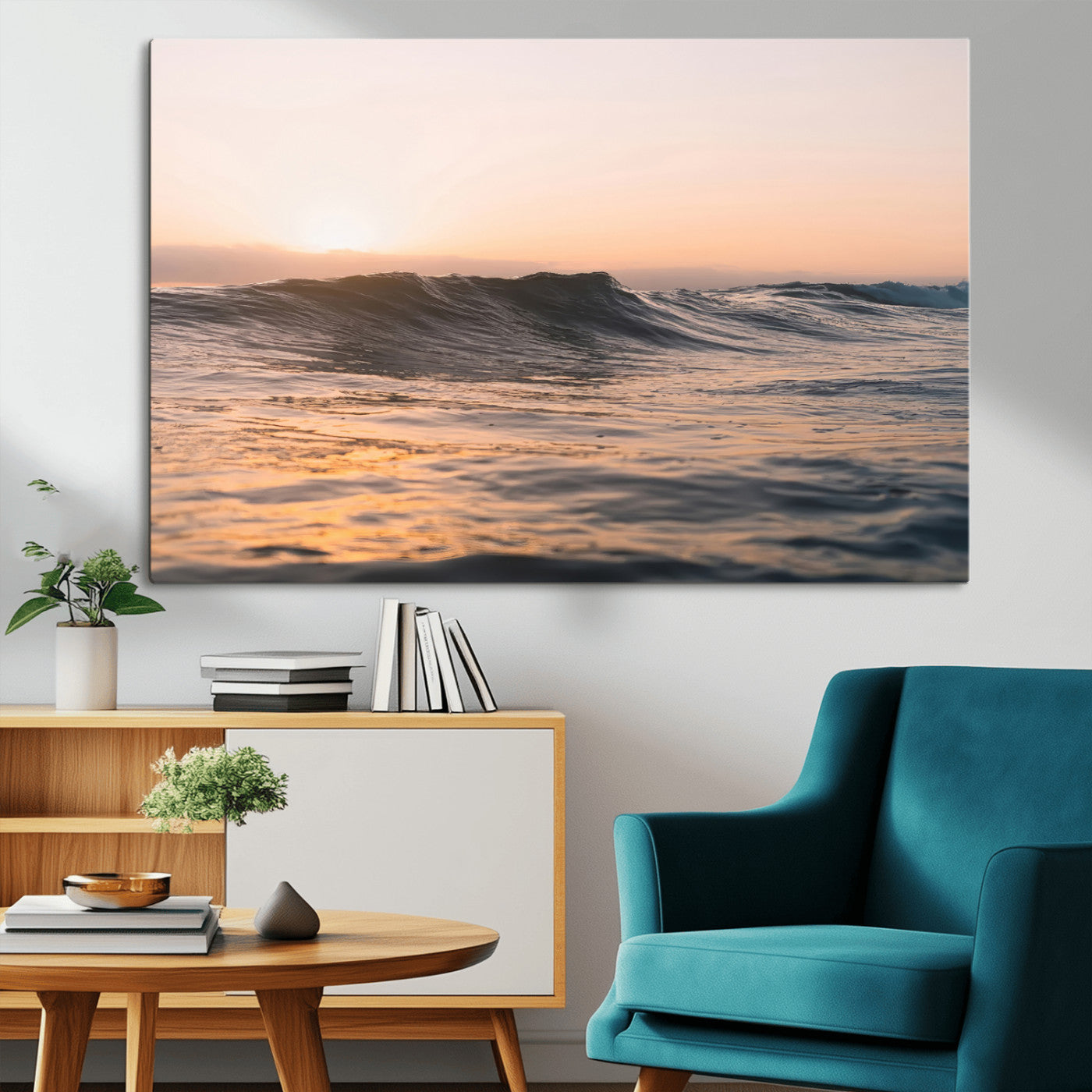 Framed canvas of ocean waves glowing in sunset light, ideal for golden hour calm or peaceful coastal-inspired wall decor.