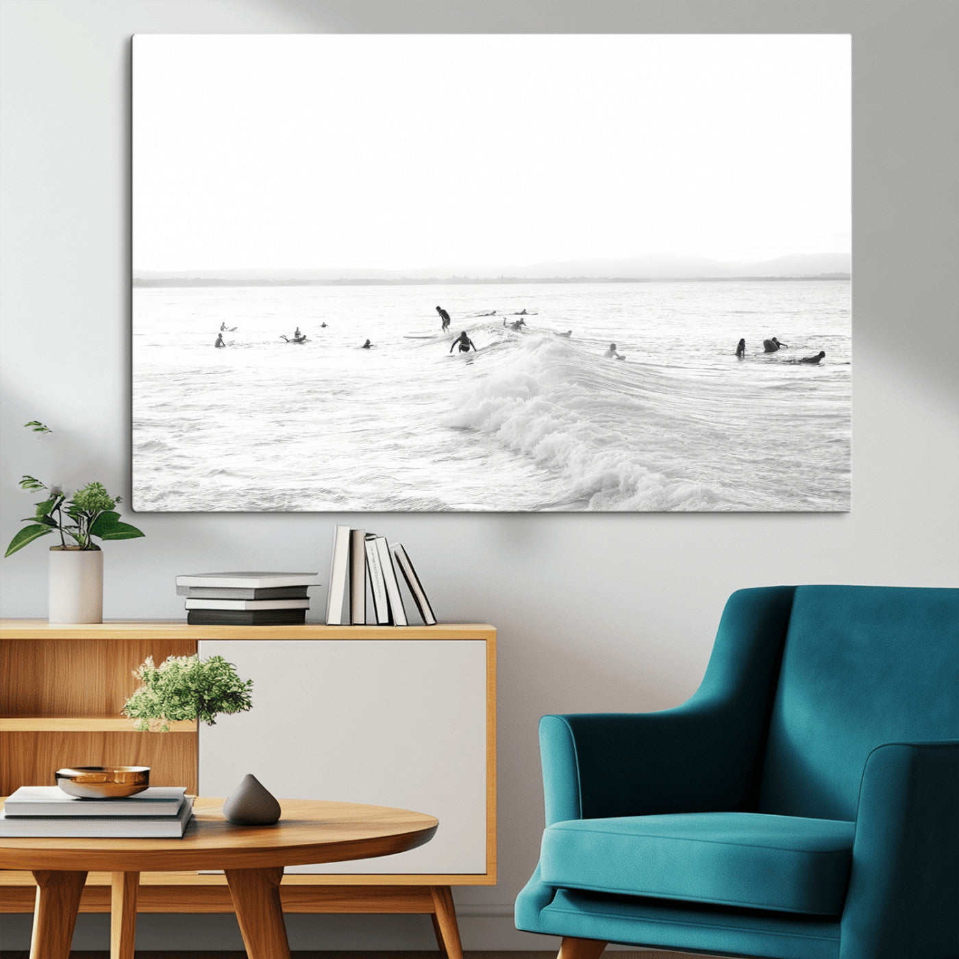 Monochrome photo of surfers riding and waiting on ocean waves, ideal for surf-themed or coastal energy wall decor.