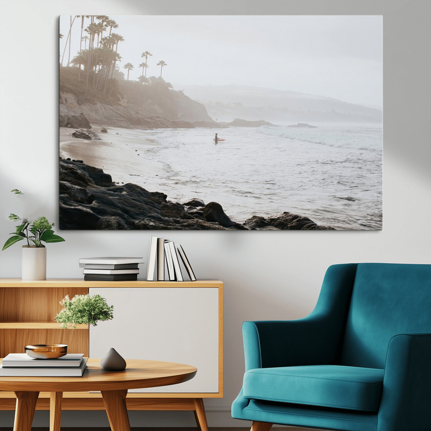 Framed canvas of a surfer in misty coastal tones at a foggy California beach, ideal for minimalist coastal beach or serene ocean-themed decor.