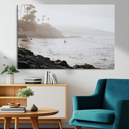 Framed canvas of a surfer in misty coastal tones at a foggy California beach, ideal for minimalist coastal beach or serene ocean-themed decor.