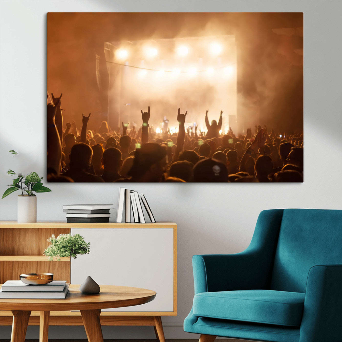High-energy photo of a rock concert crowd with raised hands and smoky lights, perfect for industrial or music-themed room decor.