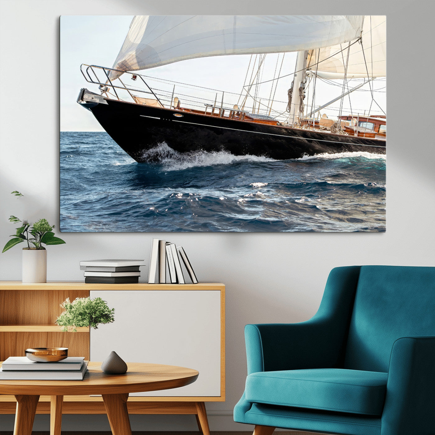 Close-up of a classic sailing yacht with wooden deck and full sails, perfect for nautical or coastal-style decor in ocean-themed spaces.