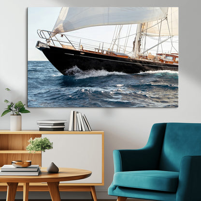 Close-up of a classic sailing yacht with wooden deck and full sails, perfect for nautical or coastal-style decor in ocean-themed spaces.