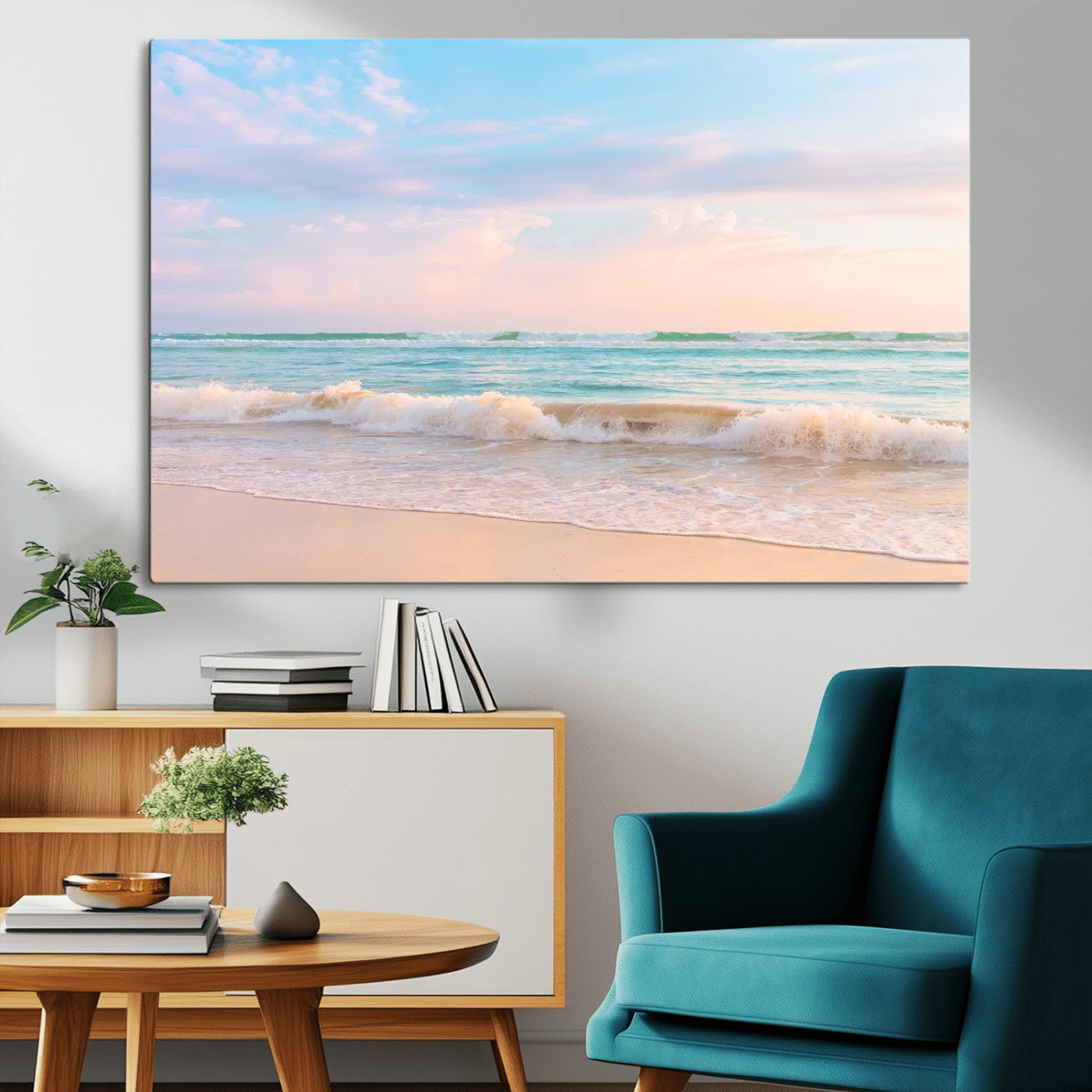 Pastel-toned ocean waves under soft sunset skies, ideal for pastel coastal or serene beach-style home decor.