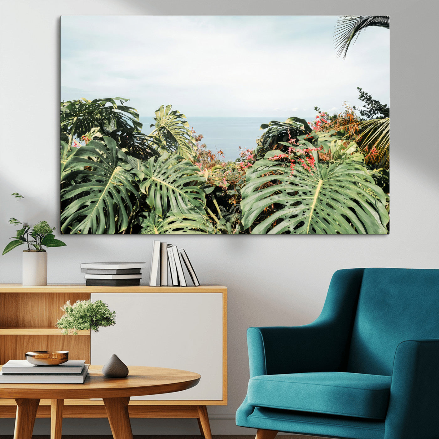 Monstera leaves and tropical flowers framing a calm ocean view, ideal for tropical coastal or exotic jungle-style interior wall decor.