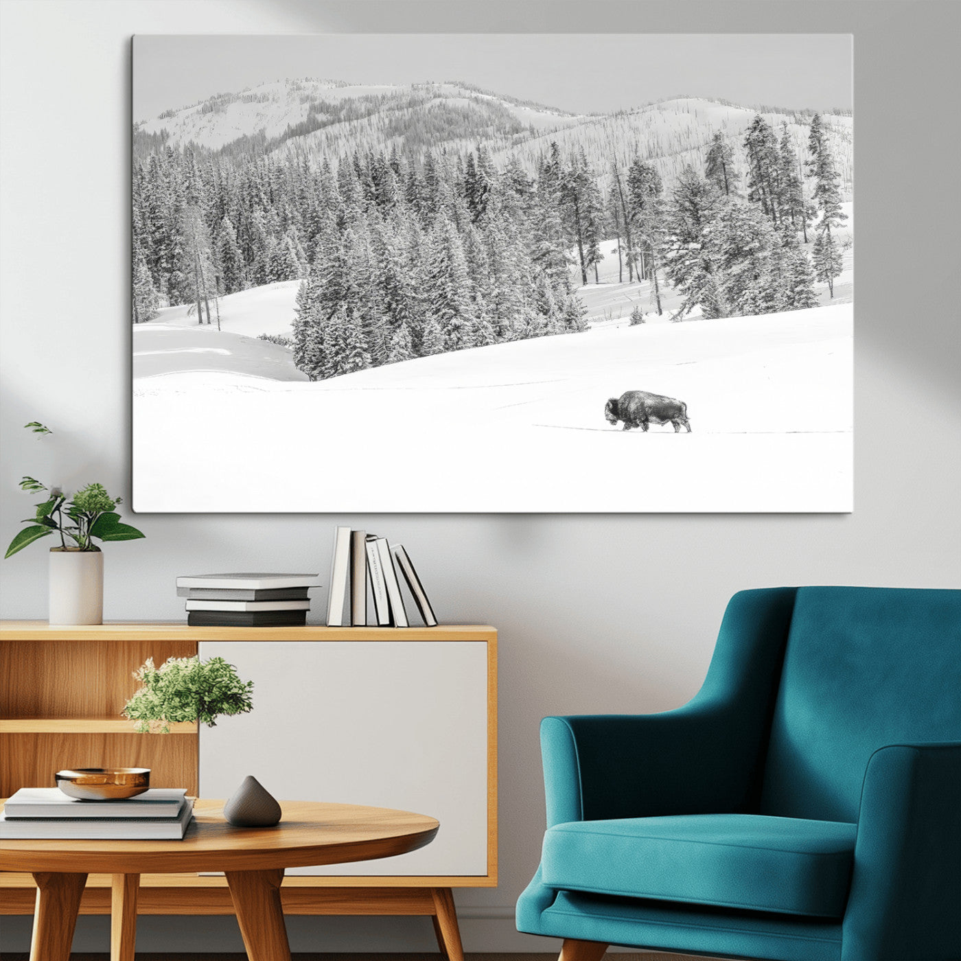 Snowy bison walking through white forest landscape, ideal for monochrome winter or wilderness-style interior wall decoration.
