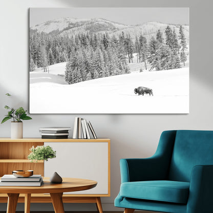 Snowy bison walking through white forest landscape, ideal for monochrome winter or wilderness-style interior wall decoration.