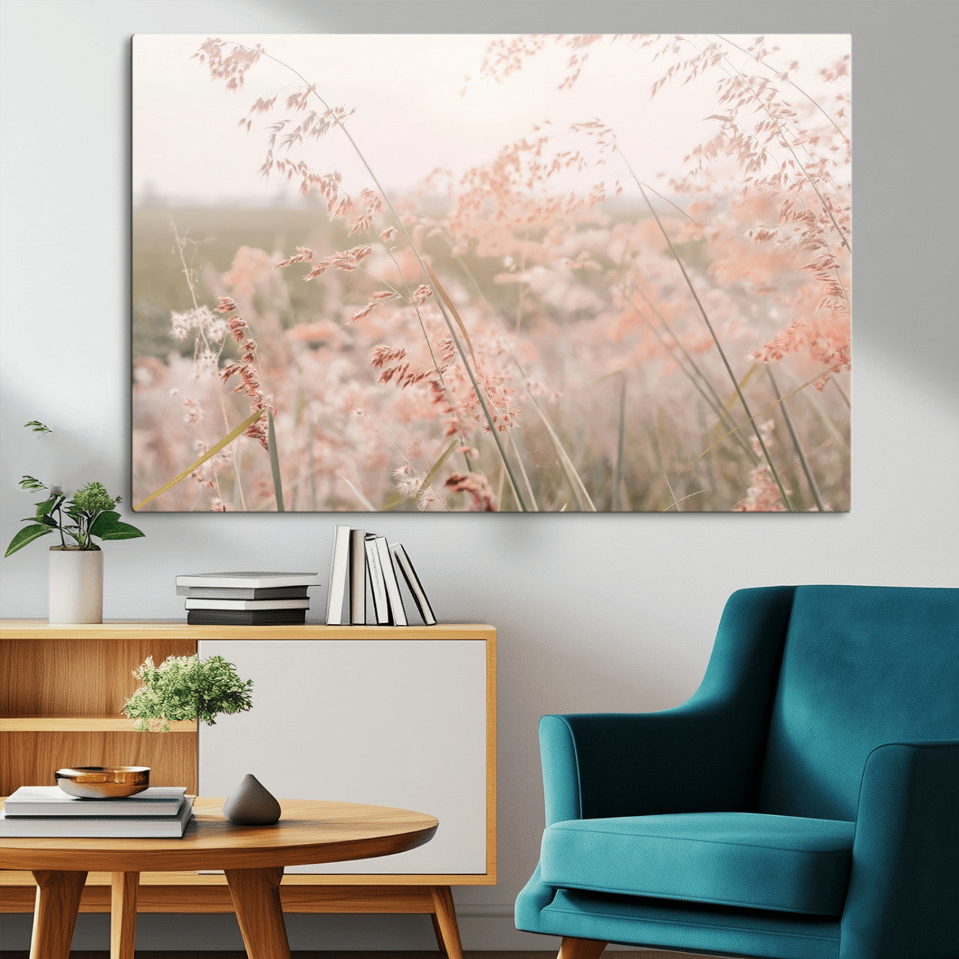 Soft pastel field with wild grasses in warm light, ideal for minimal nature or airy countryside-inspired interior wall decoration.